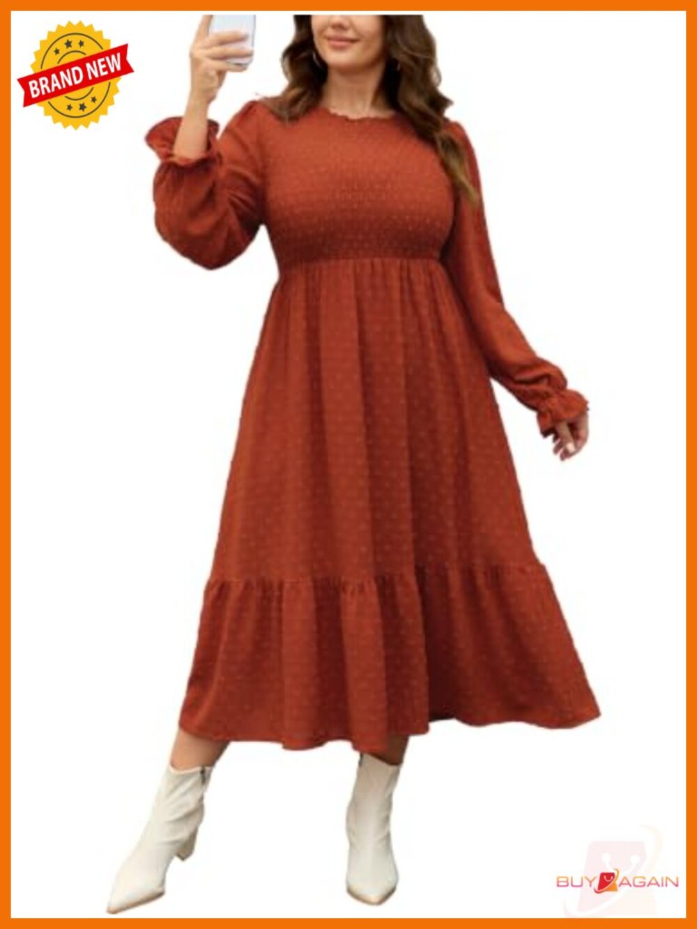 Plus Size Swiss Dot Smocked Maxi Dress Long Sleeve Boho A-Line